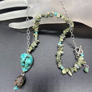 Necklace - Diamond Bead, Huge Turquoise, Raw Serpentine Stones